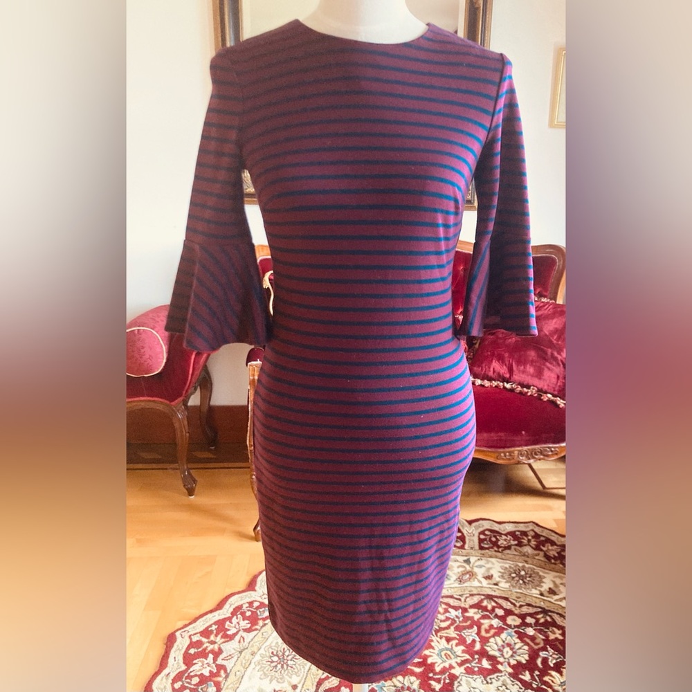Banana Republic Women size 0 Blue Burgundy Stripe Bell Sleeve Knit Sheath Dress